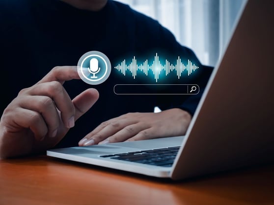 AI conversational assistant automation bot with digital sound wave audio graphic and search engine bar while man press on microphone button.